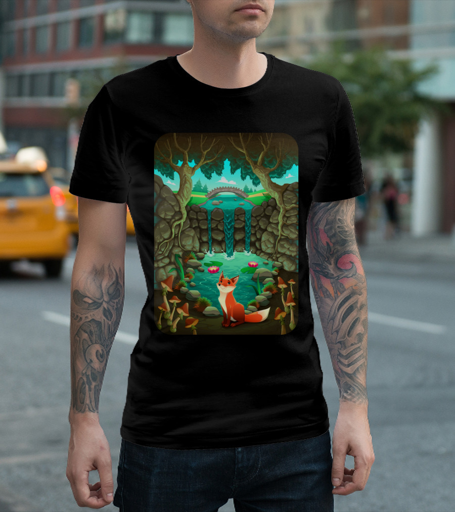 Peaceful Woodland Fox by Tranquil Waterfall T-Shirt