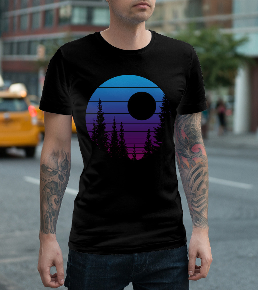 Purple Mountain Sunrise Circle with Trees and Gradient Sky T-Shirt