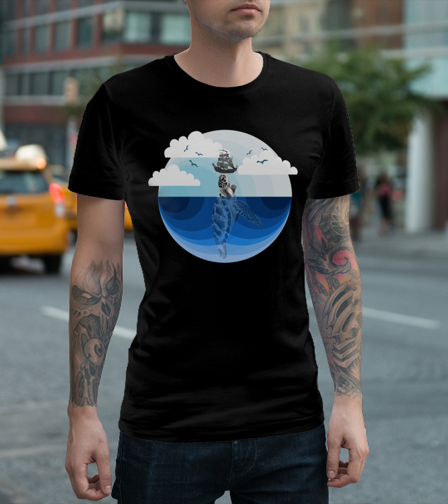 Nature Blues The Giant Turtle Voyage Under Cloudy Sky with Ship T-Shirt