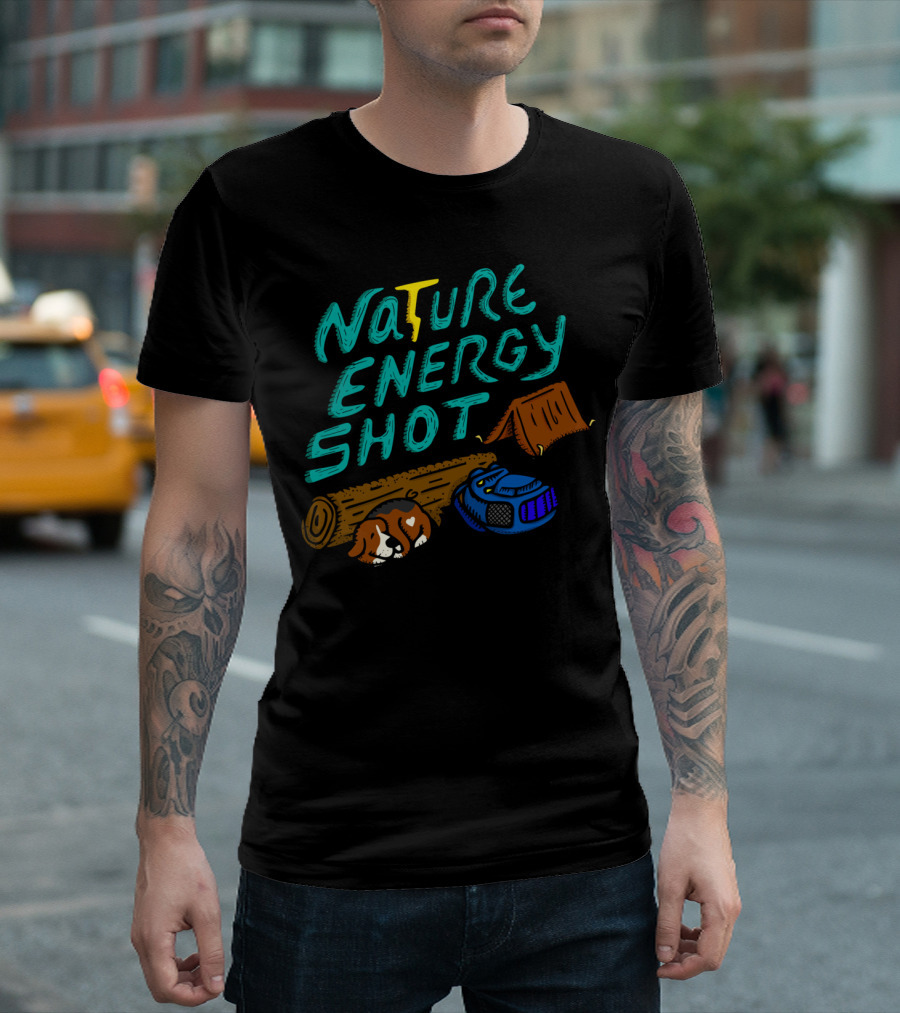 Nature Energy Shot Camping Adventure with Sleeping Dog and Hiking Boot T-Shirt