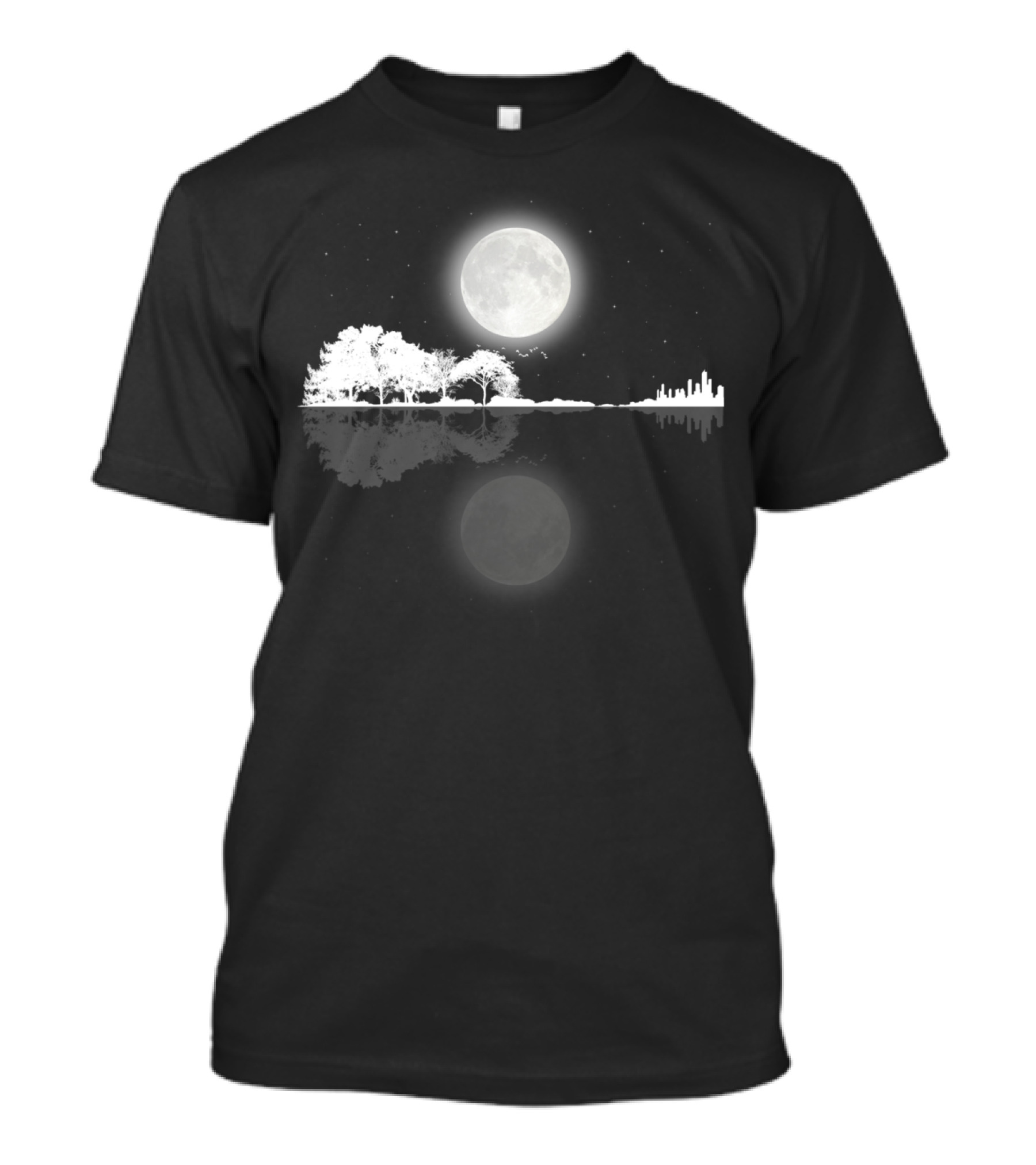 Nature Guitar Night Full Moon Reflection With Forest And Cityscape T-Shirt