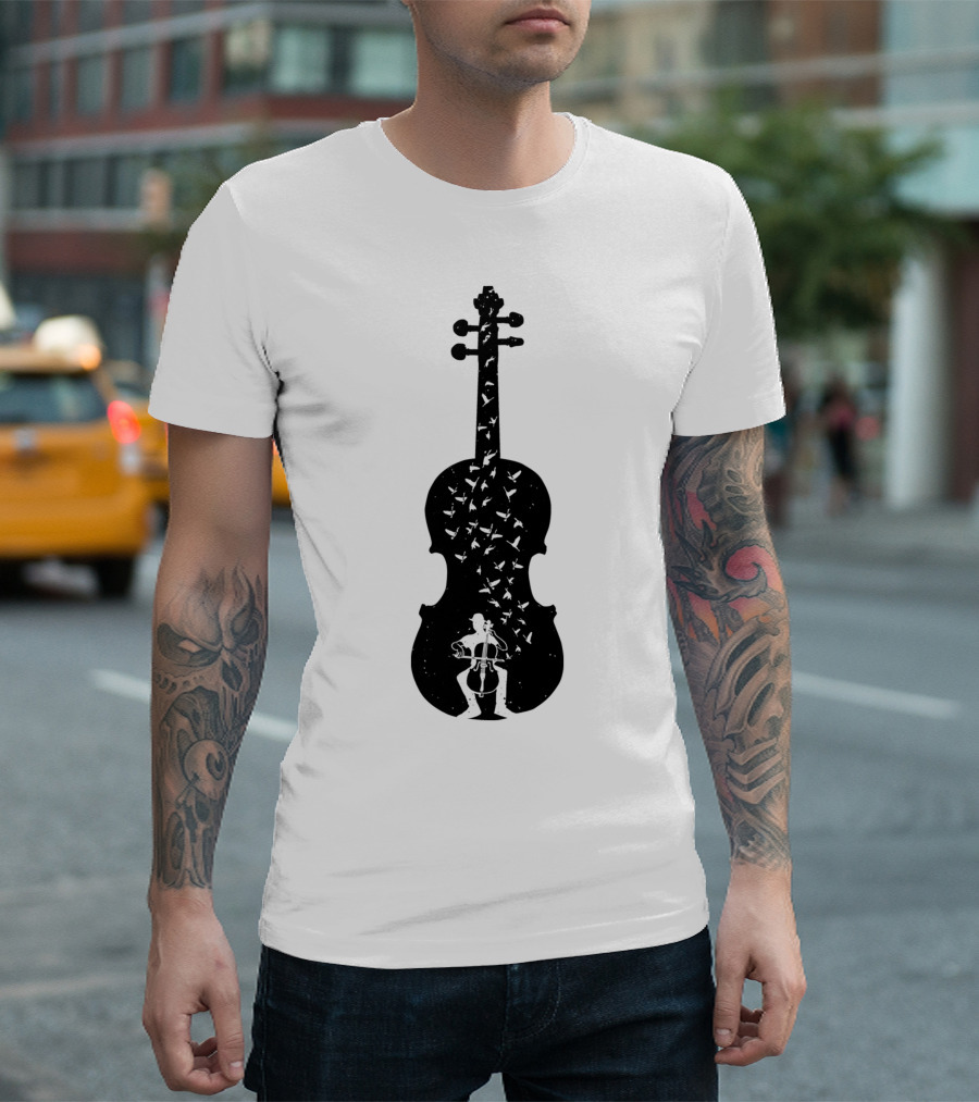 Cello Silhouette with Musician Playing Cello and Birds T-Shirt