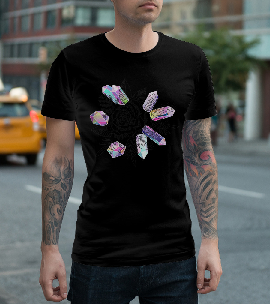 Rose and Multicolored Crystals with Leaf T-Shirt