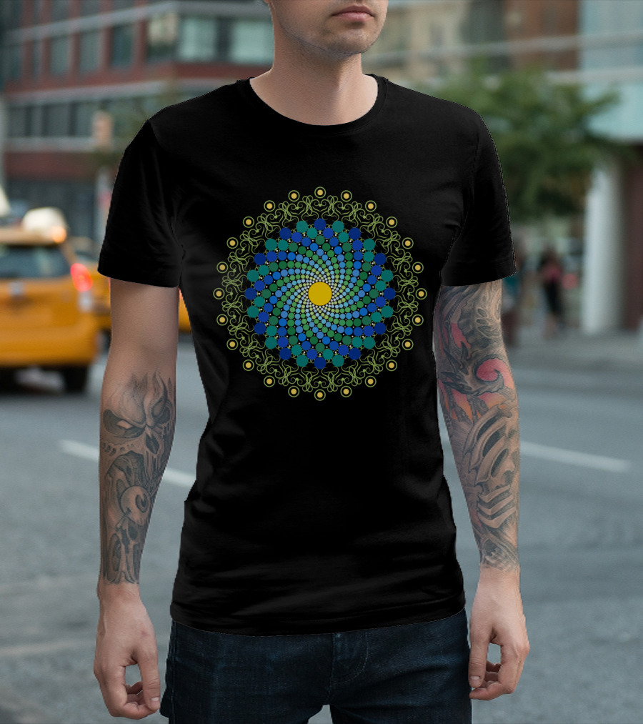 Nature Mandala Spiral Pattern with Symmetrical Design and Green Blue Yellow Elements T-Shirt