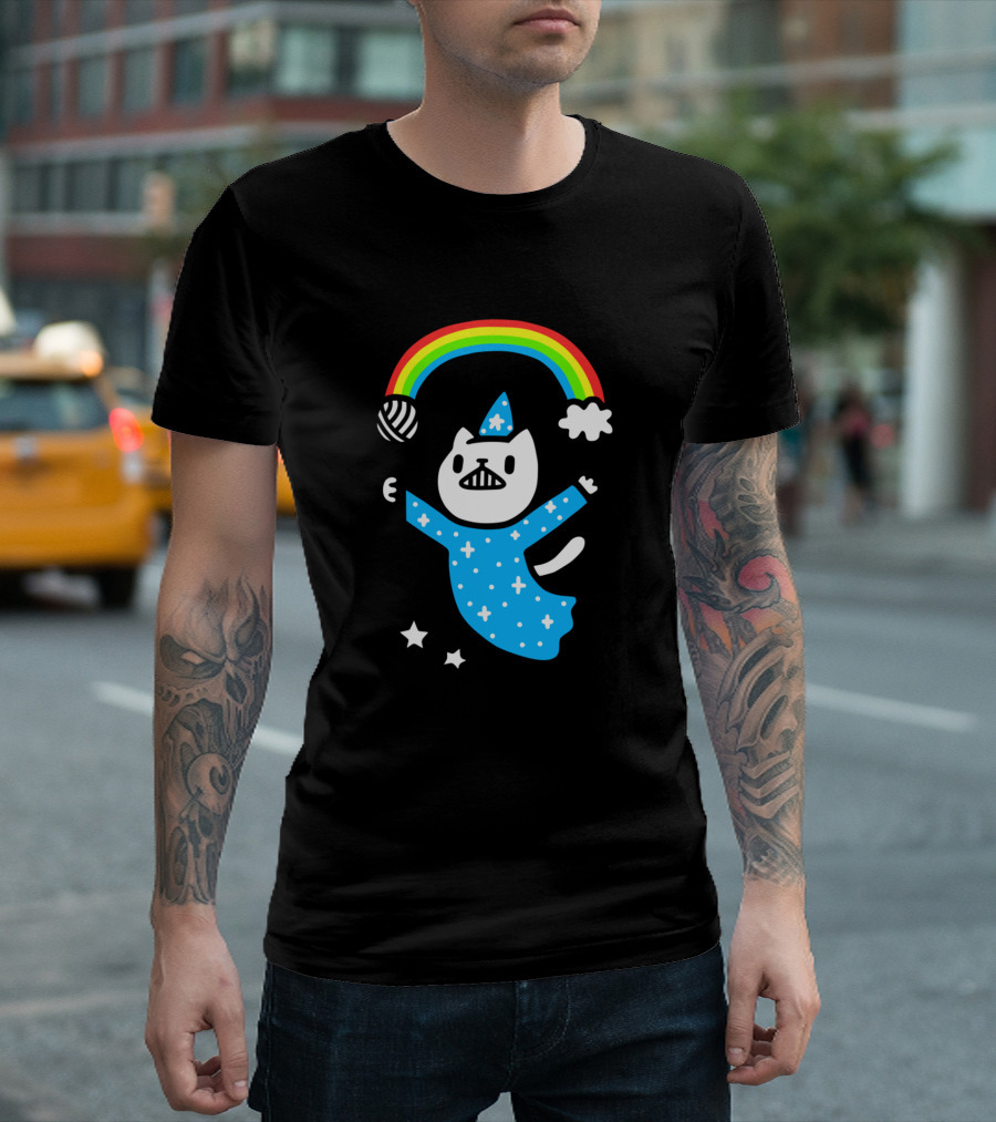 Magic Wizard Cat with Rainbow and Stars T-Shirt