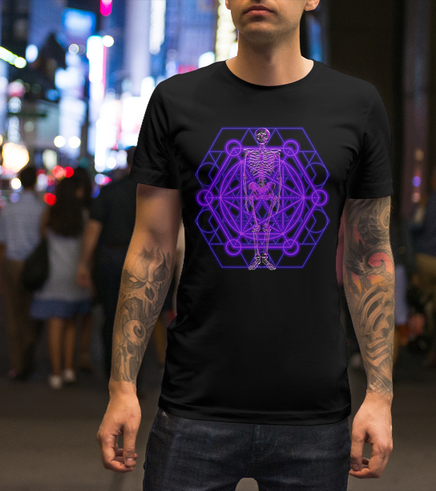 Skeleton With Neon Purple Sacred Geometry Hexagon T-Shirt