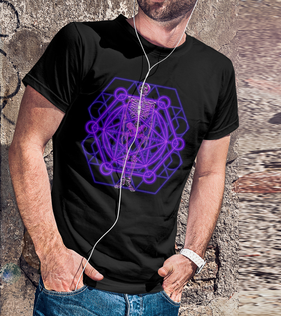 Skeleton With Neon Purple Sacred Geometry Hexagon T-Shirt