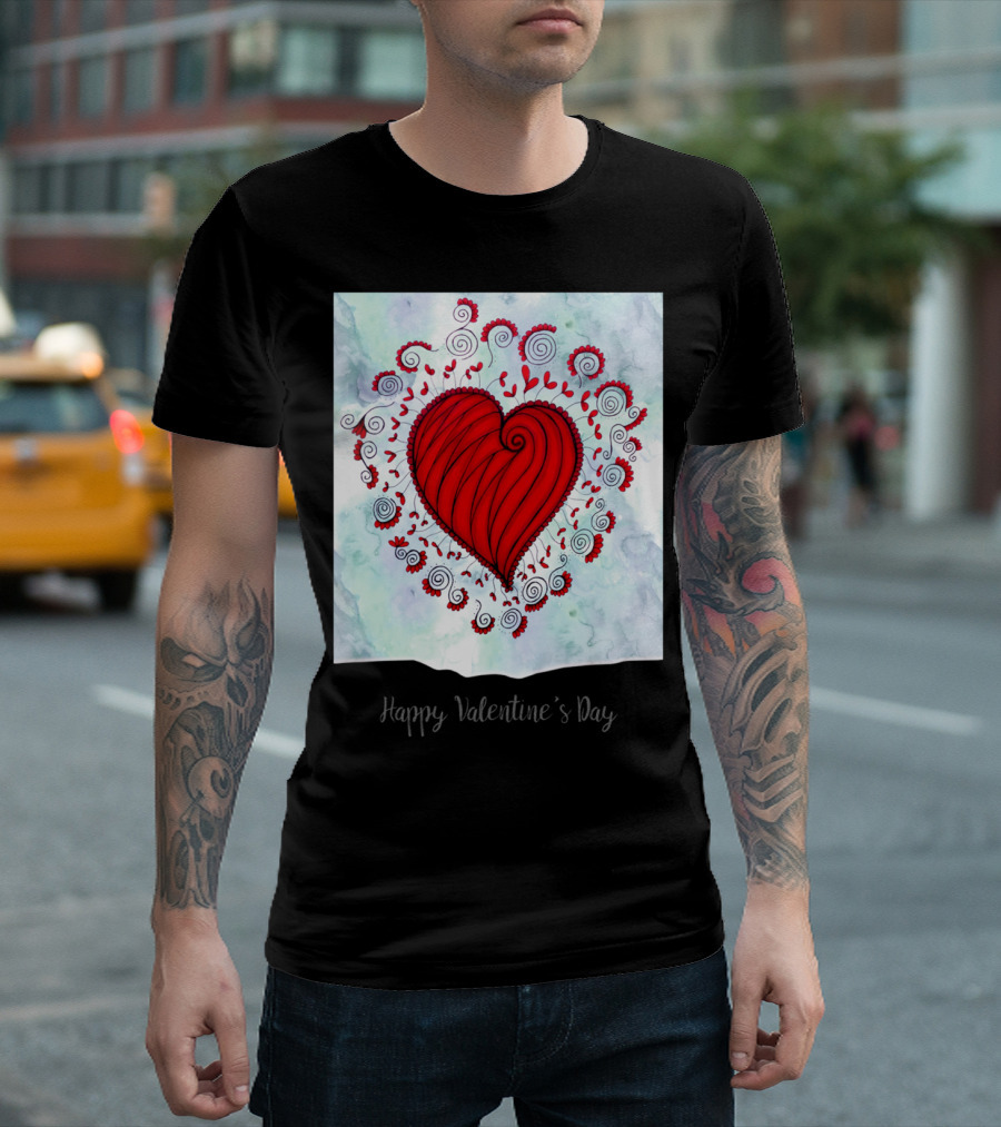 Happy Valentine's Day Red Heart Swirls And Floral T-Shirt