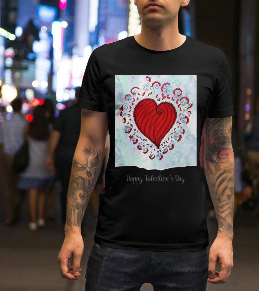 Happy Valentine's Day Red Heart Swirls And Floral T-Shirt