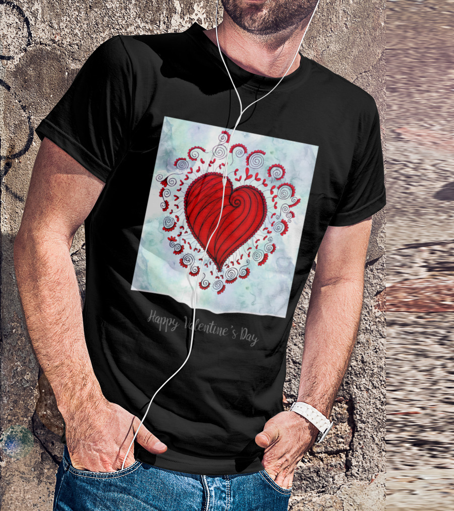 Happy Valentine's Day Red Heart Swirls And Floral T-Shirt