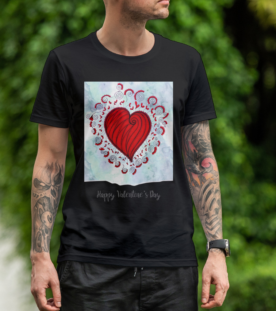 Happy Valentine's Day Red Heart Swirls And Floral T-Shirt