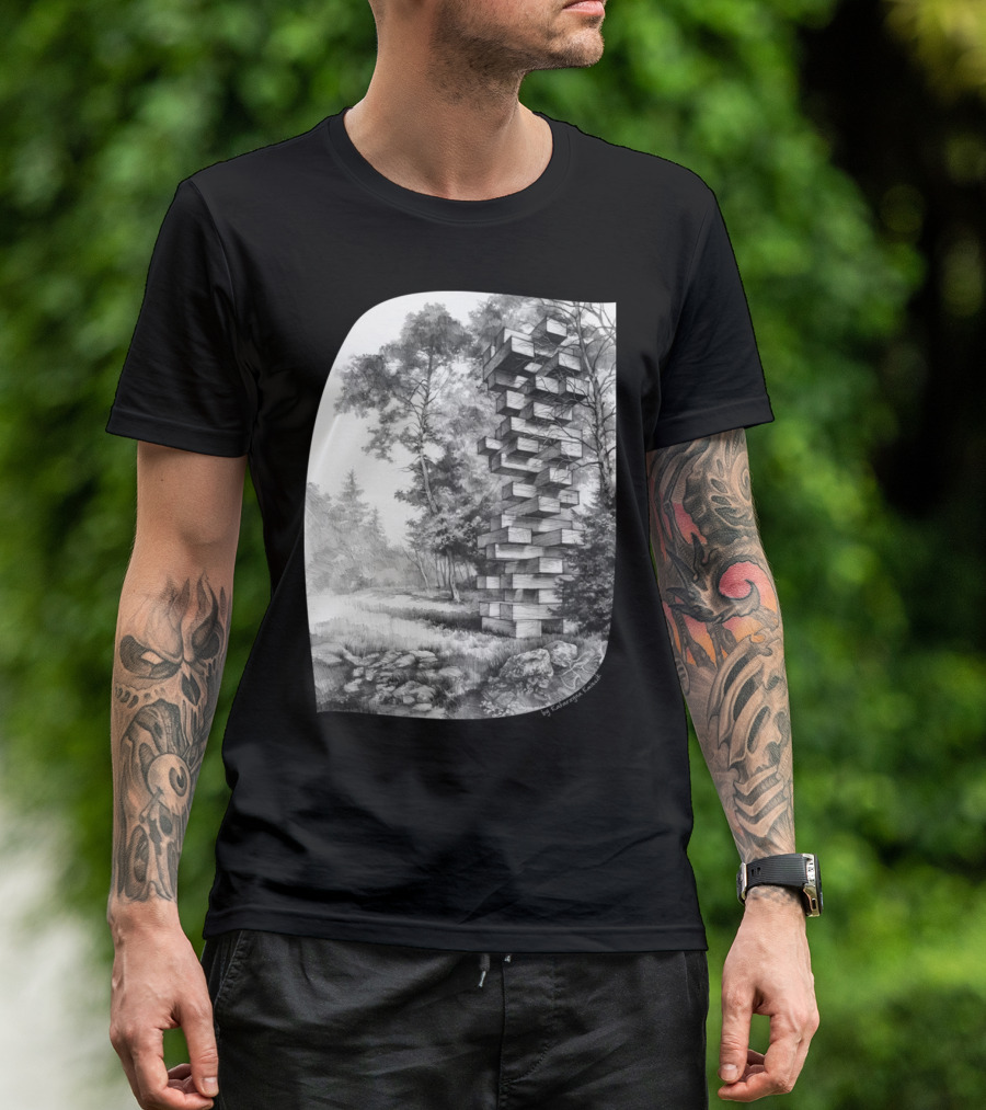 Jenga Tower In Woodland Sketch By Midwest Goods T-Shirt