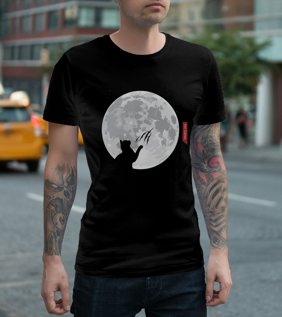Purrr Cuteness Cat Clawing At Full Moon T-Shirt