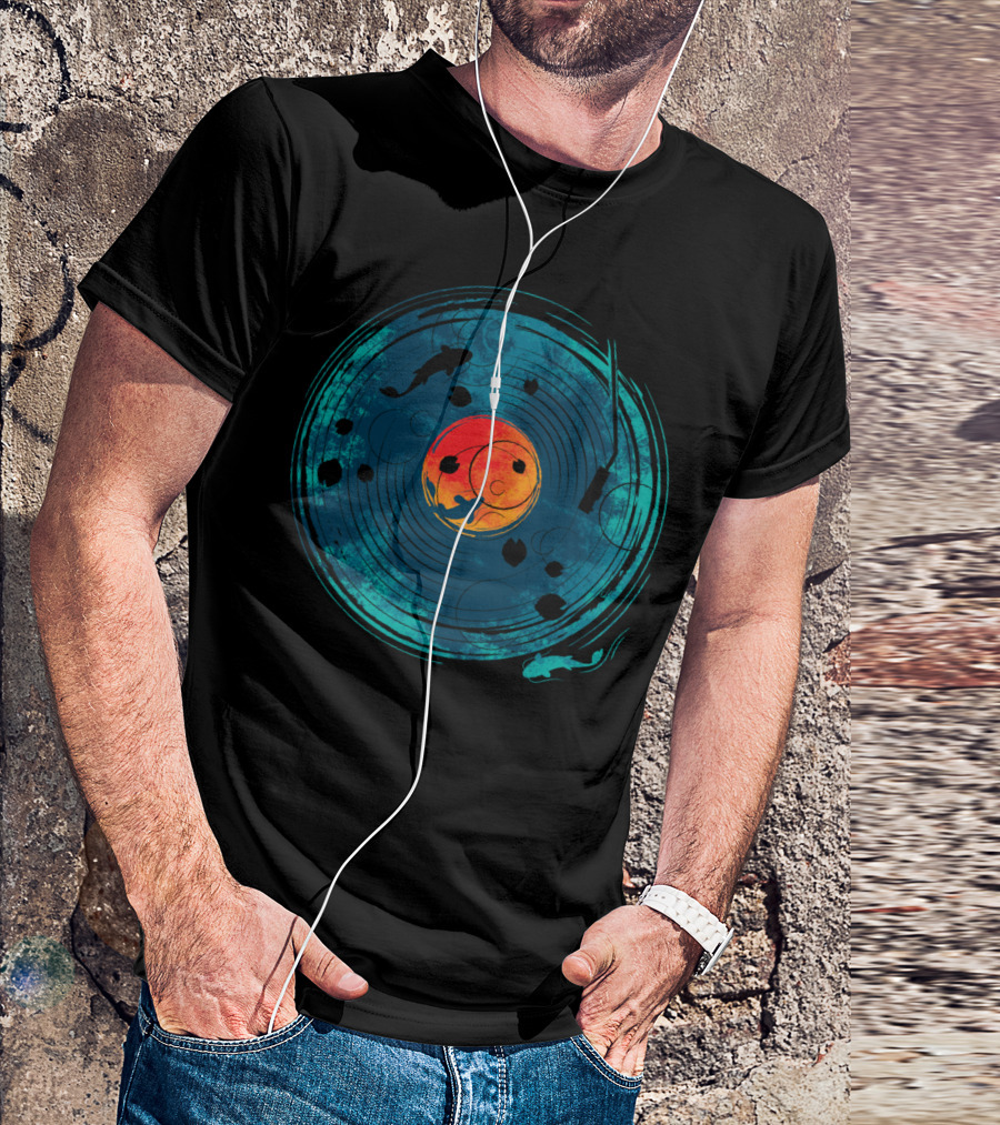 Sound Of Water Vinyl Record Koi Fish Design Ocean Sunset T-Shirt