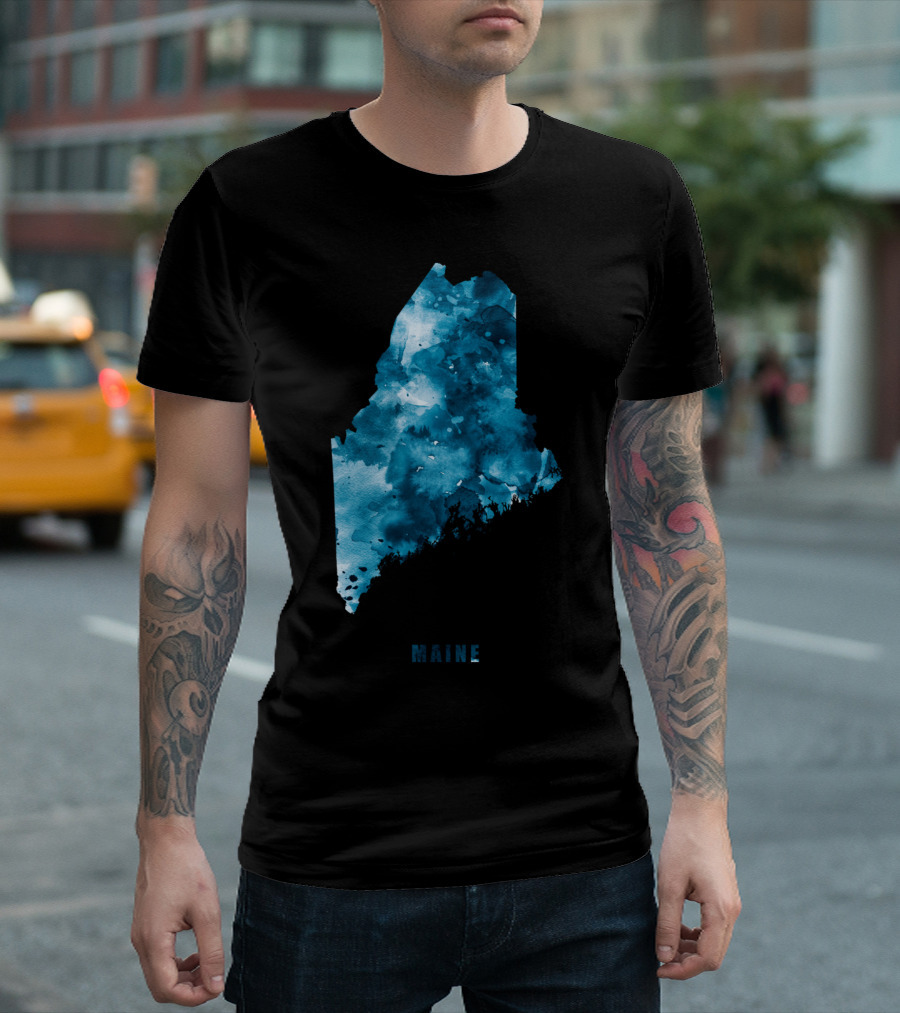 Maine Watercolor Blue Map T-Shirt