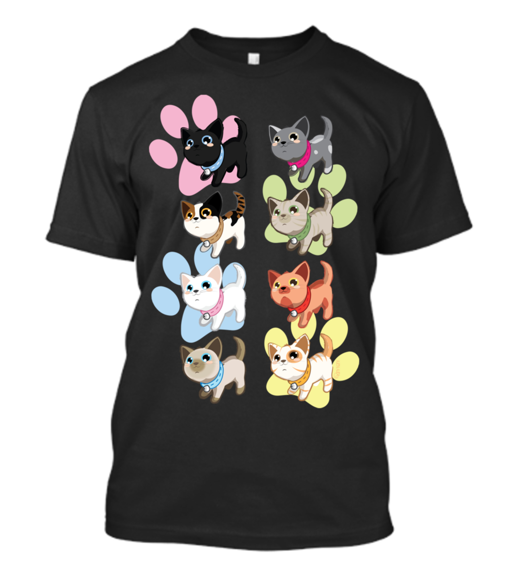 Pussy Cats Adorable Cartoon Kittens On Colorful Paw Prints T-Shirt