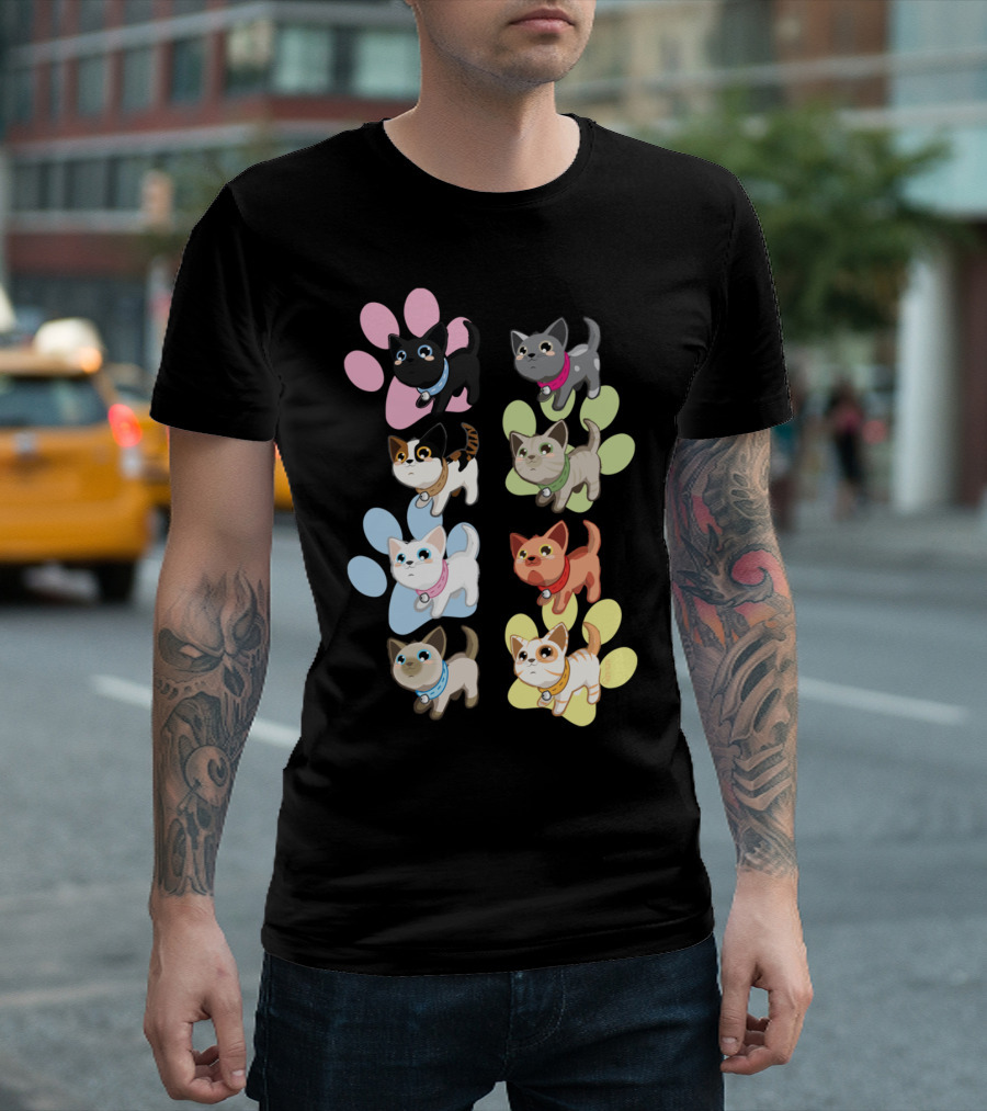 Pussy Cats Adorable Cartoon Kittens On Colorful Paw Prints T-Shirt
