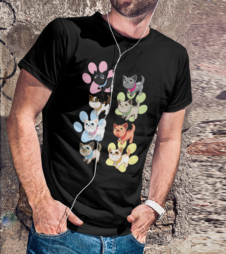 Pussy Cats Adorable Cartoon Kittens On Colorful Paw Prints T-Shirt