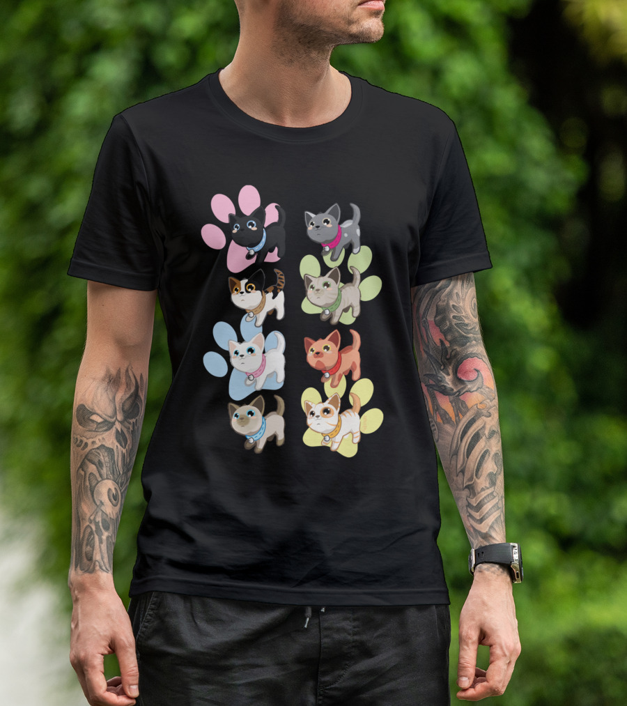 Pussy Cats Adorable Cartoon Kittens On Colorful Paw Prints T-Shirt