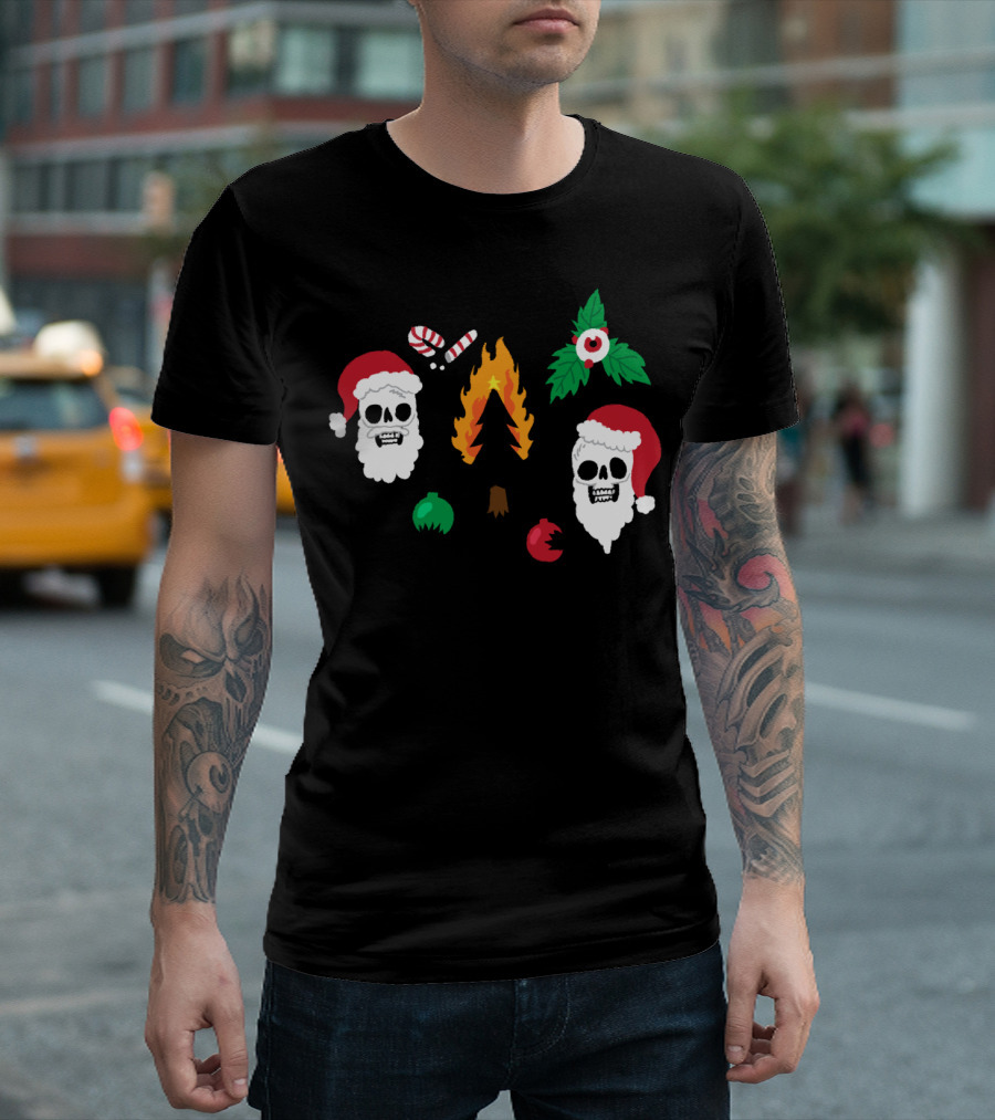 Santa Skulls Holiday Chaos with Burning Christmas Tree and Broken Ornaments T-Shirt