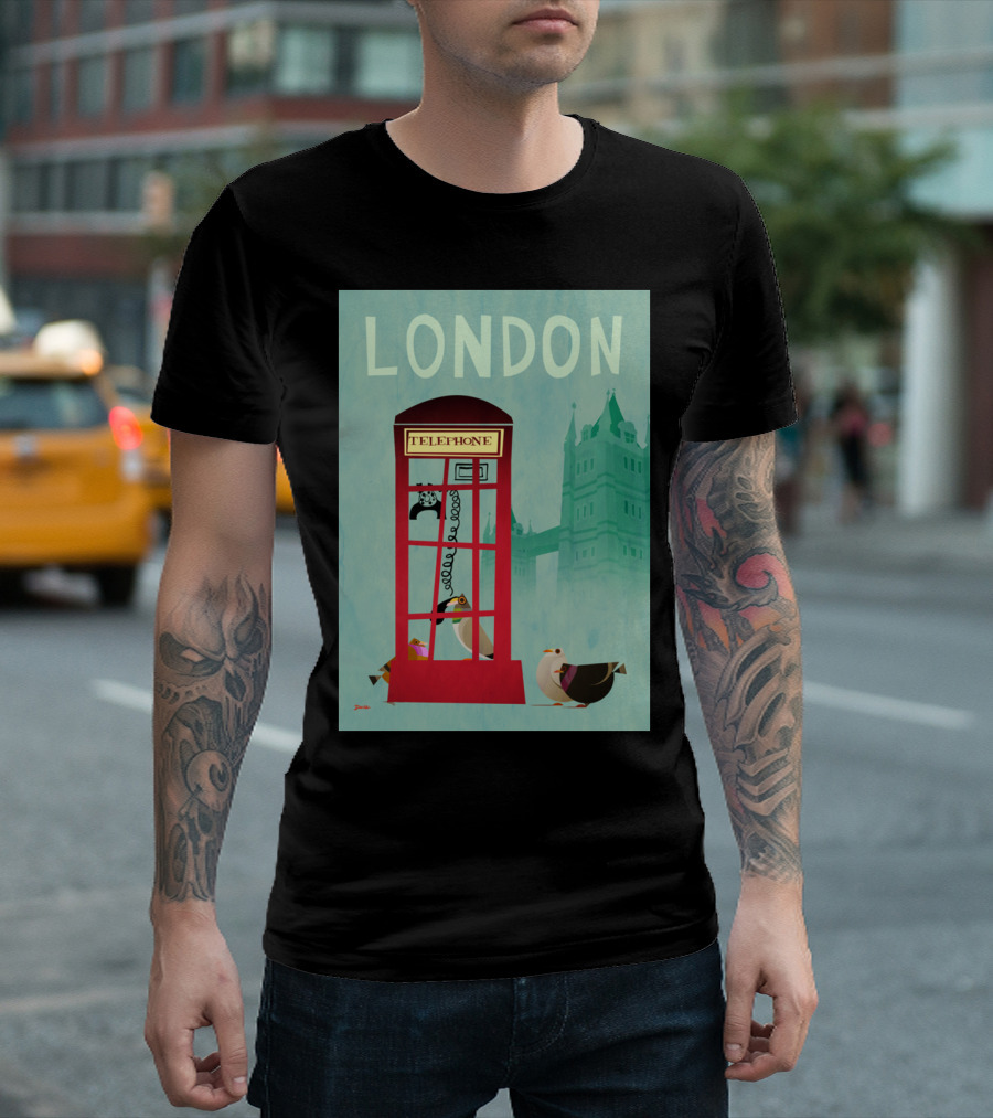 London Telephone Box Pigeons Tower Bridge Background T-Shirt
