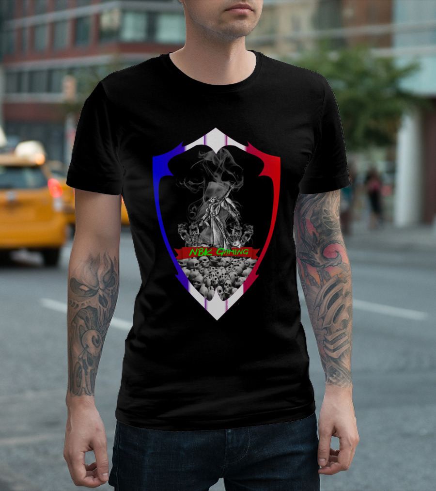 NBK Gaming Skull Warrior Shield With Wolves And Smoke T-Shirt