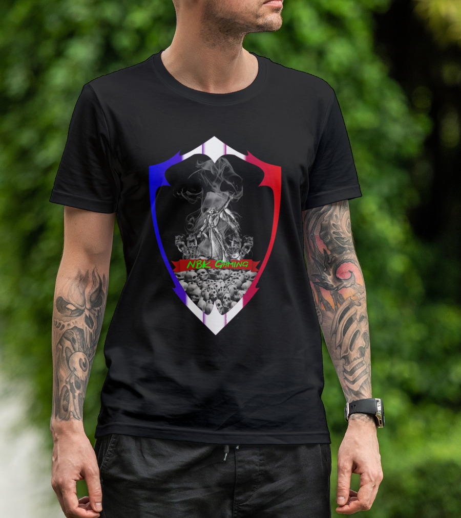 NBK Gaming Skull Warrior Shield With Wolves And Smoke T-Shirt