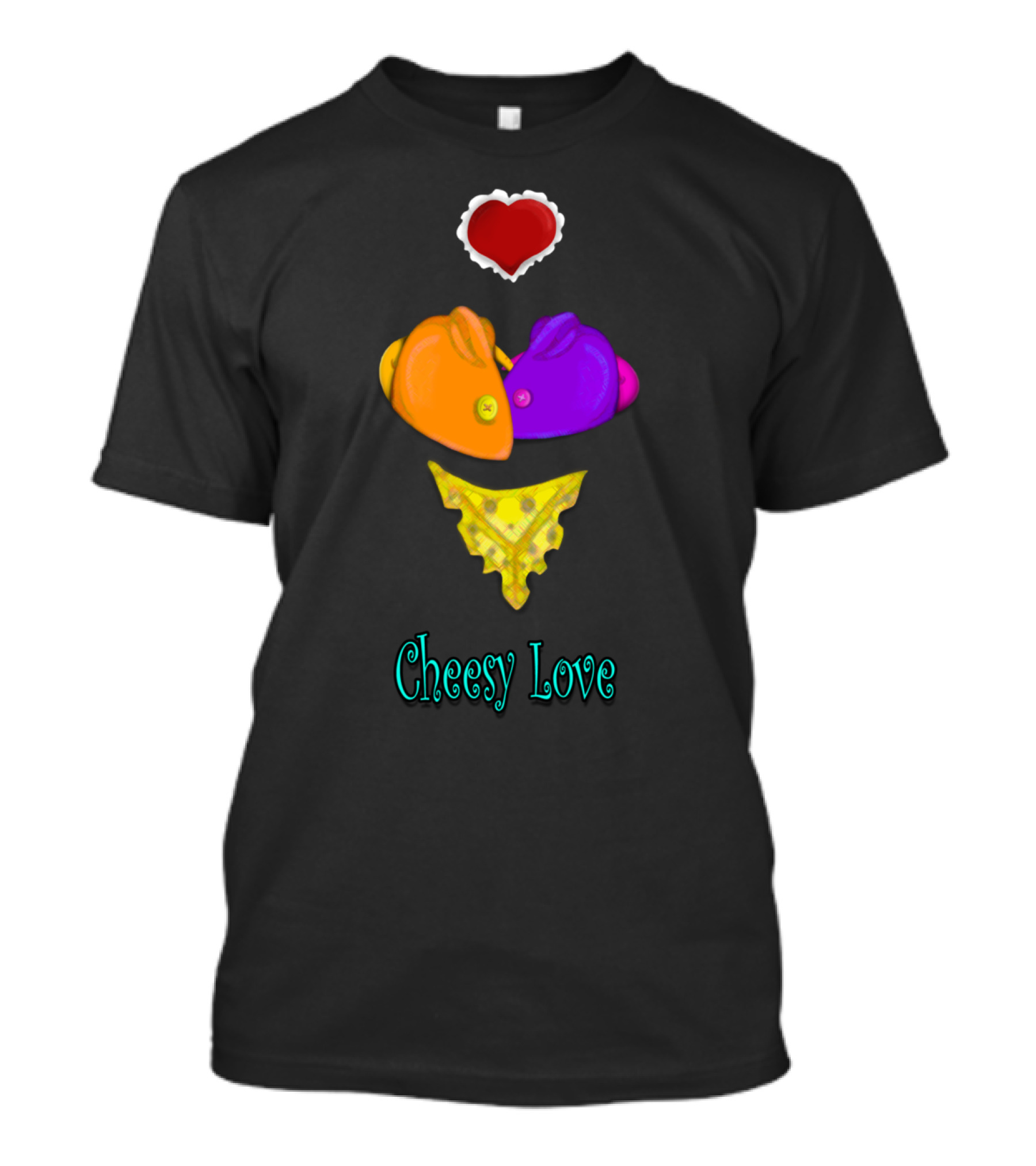 Cheesy Love With Heart And Colorful Mice Above Cheese Slice T-Shirt