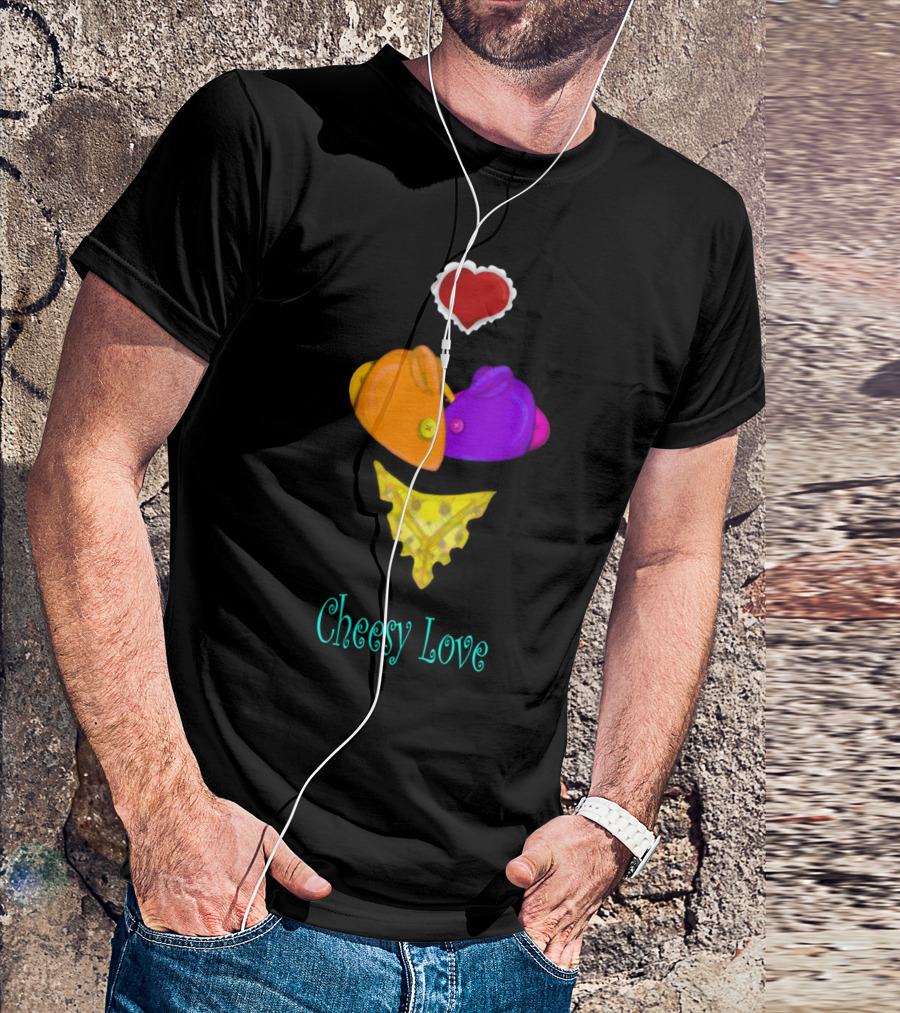 Cheesy Love With Heart And Colorful Mice Above Cheese Slice T-Shirt