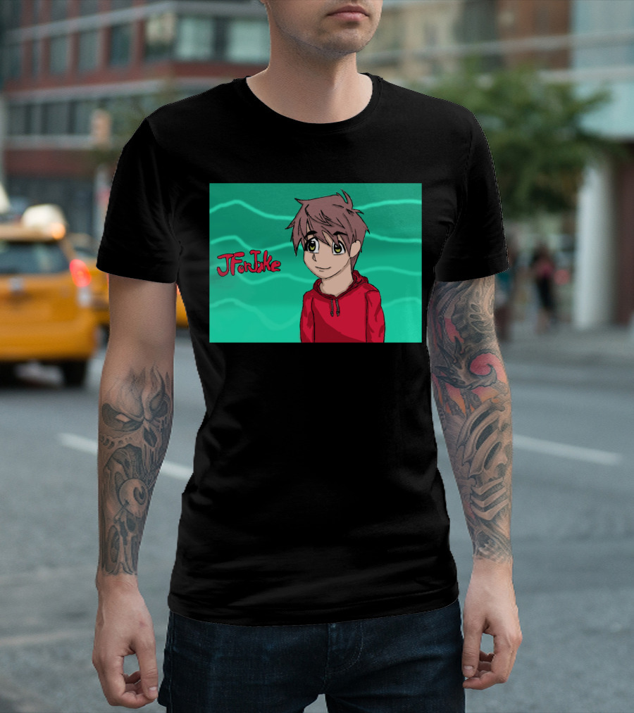 JForJake Anime Style Red Hoodie Character with Brown Hair and Green Eyes T-Shirt