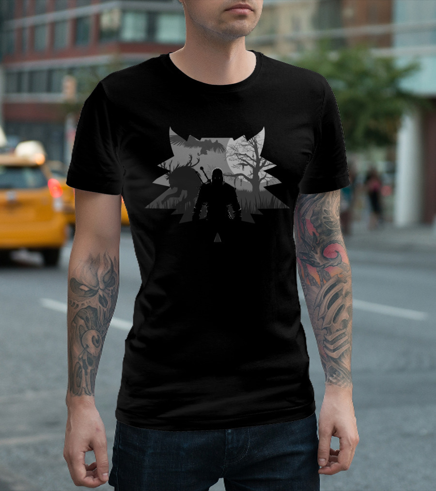 The Hunter Dark Fantasy Silhouette with Sword and Wilderness Creatures T-Shirt