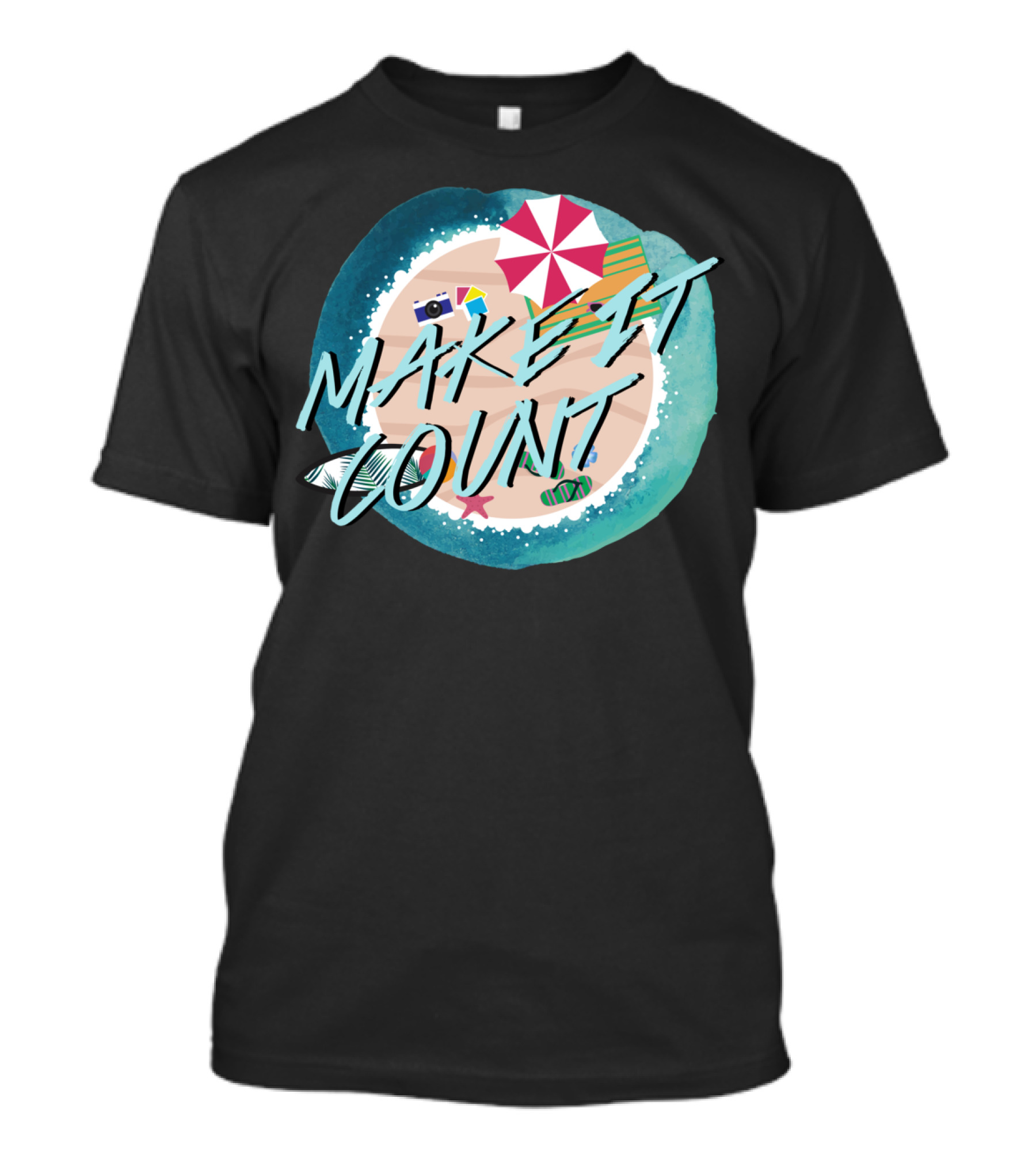 Make It Count Beach Essentials Umbrella Surfboard Camera T-Shirt