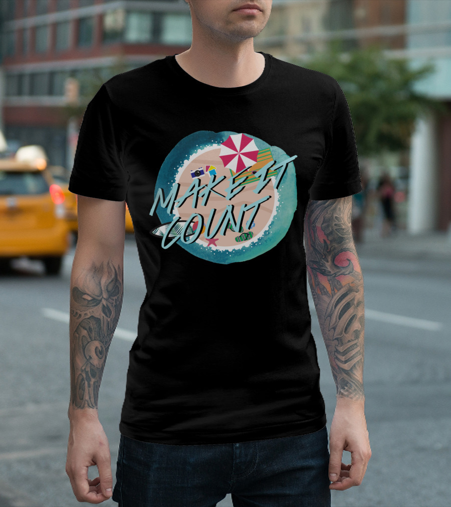 Make It Count Beach Essentials Umbrella Surfboard Camera T-Shirt