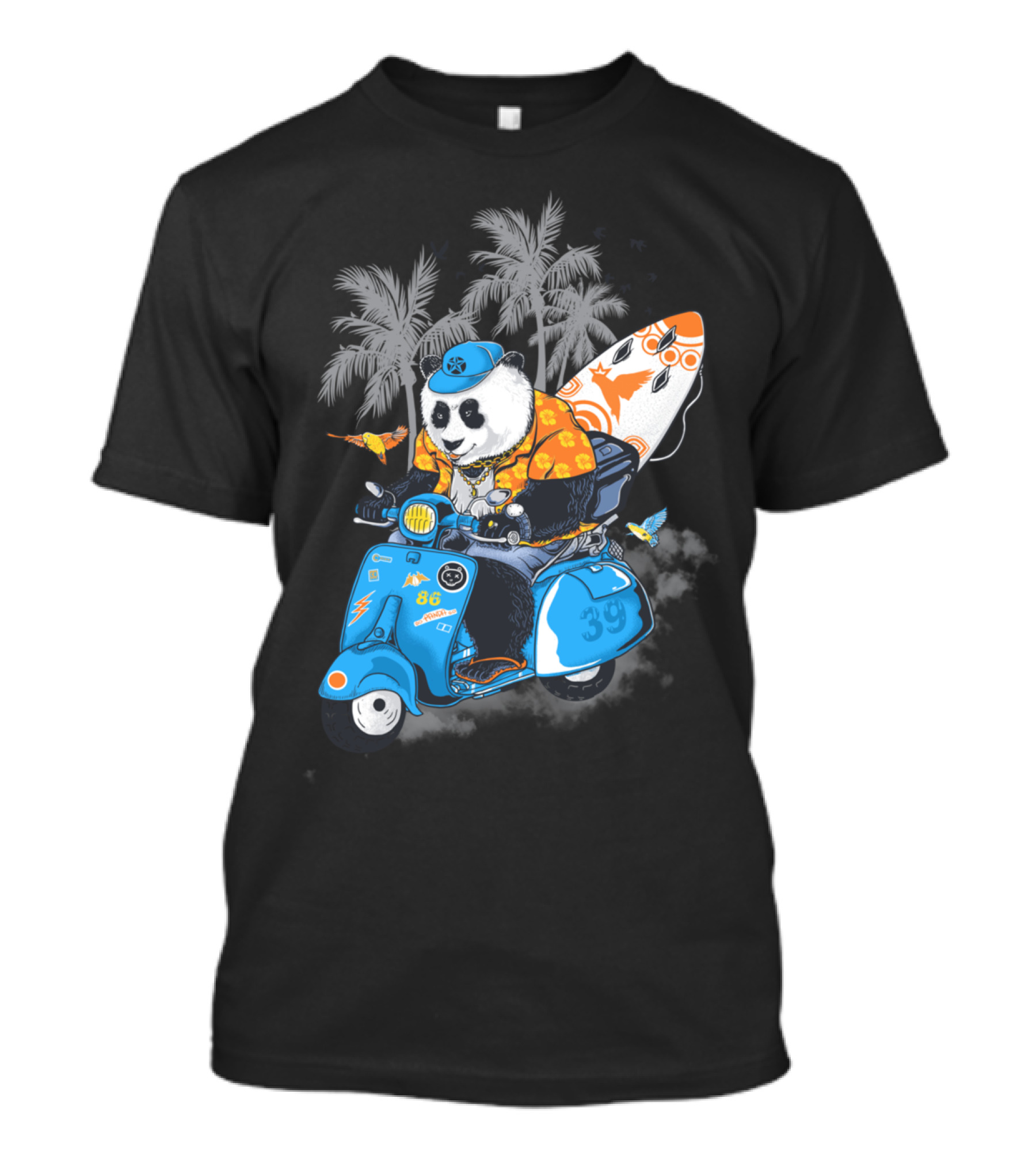 Panda Riding Scooter With Surfboard And Palm Trees T-Shirt