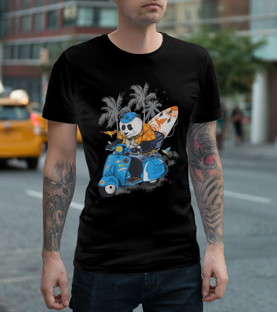 Panda Riding Scooter With Surfboard And Palm Trees T-Shirt