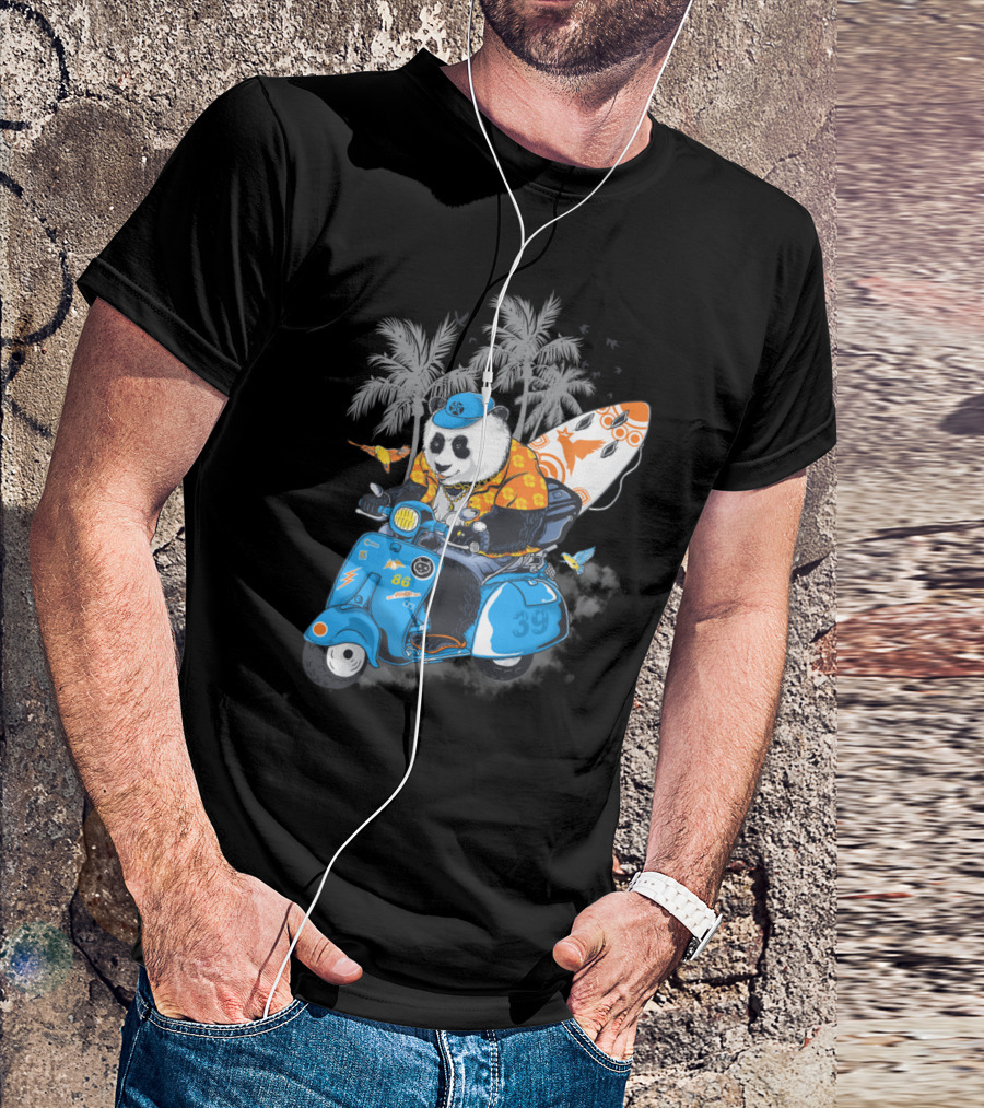 Panda Riding Scooter With Surfboard And Palm Trees T-Shirt