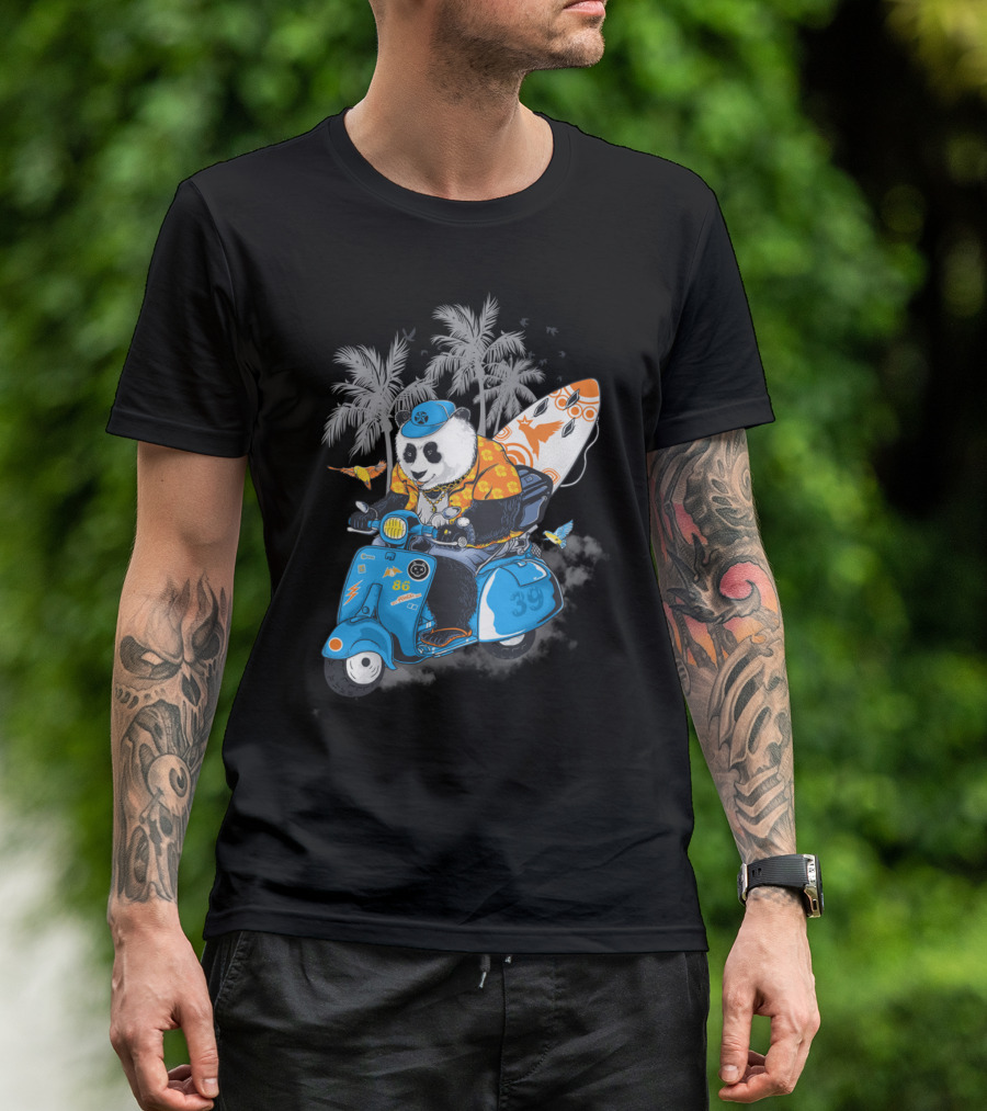 Panda Riding Scooter With Surfboard And Palm Trees T-Shirt