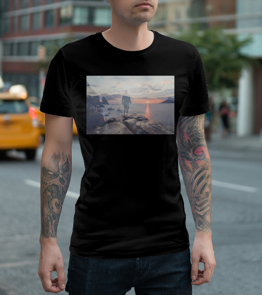 Mirrored Thoughts Sunset Reflection Journey on Rocky Shoreline T-Shirt