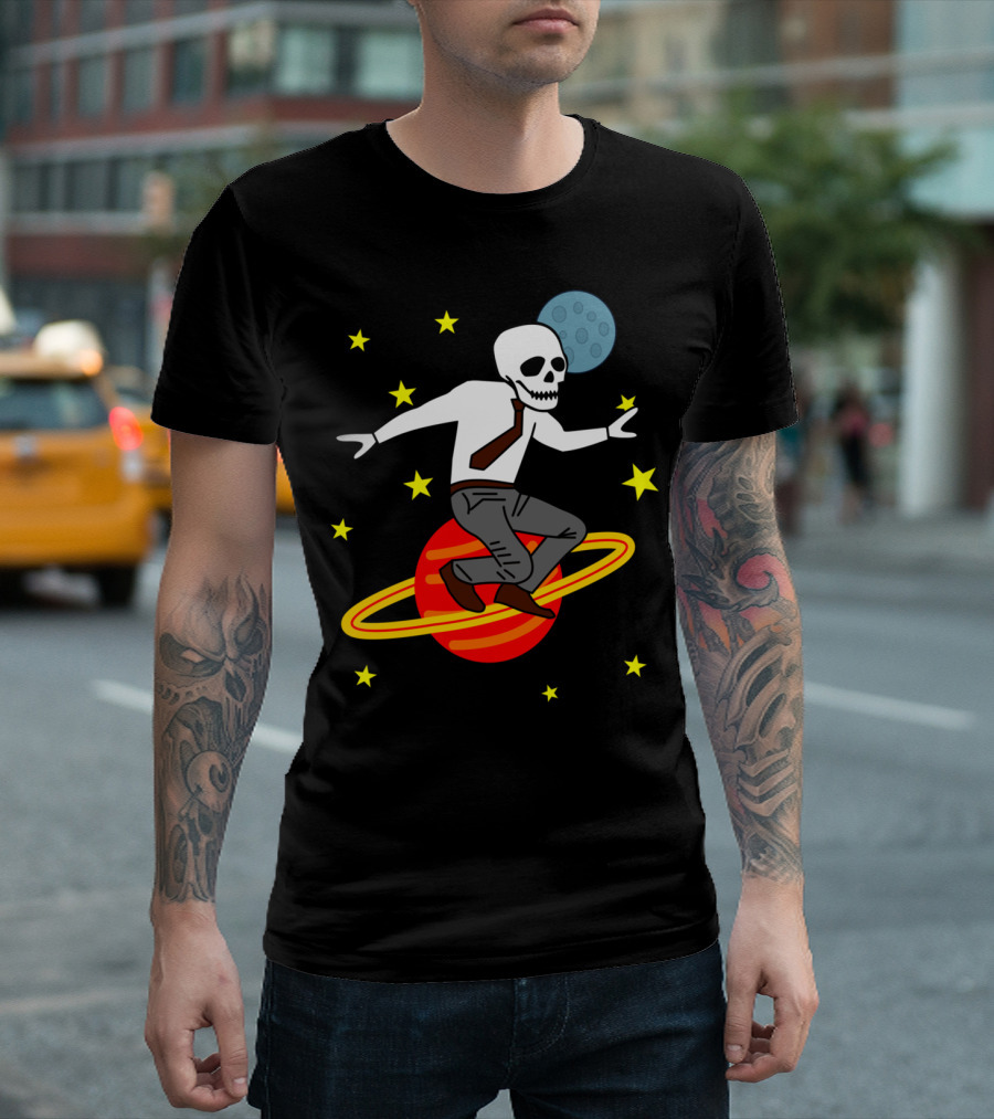 Space Business Skeleton Surfing Saturn T-Shirt