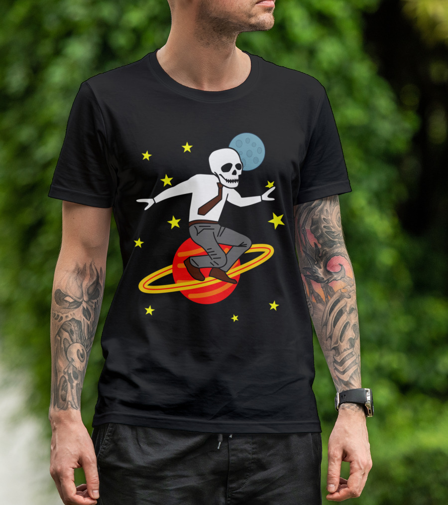 Space Business Skeleton Surfing Saturn T-Shirt