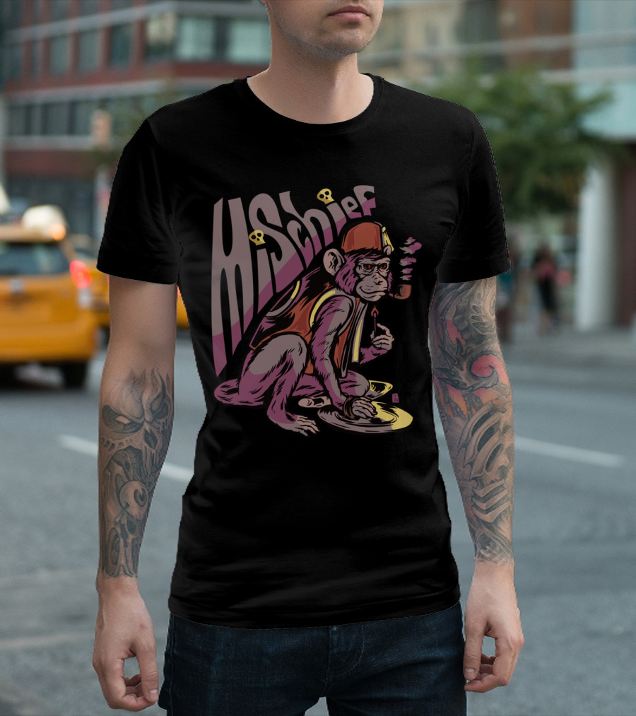 Mischief Monkey Smoking Pipe with Fez and Records T-Shirt