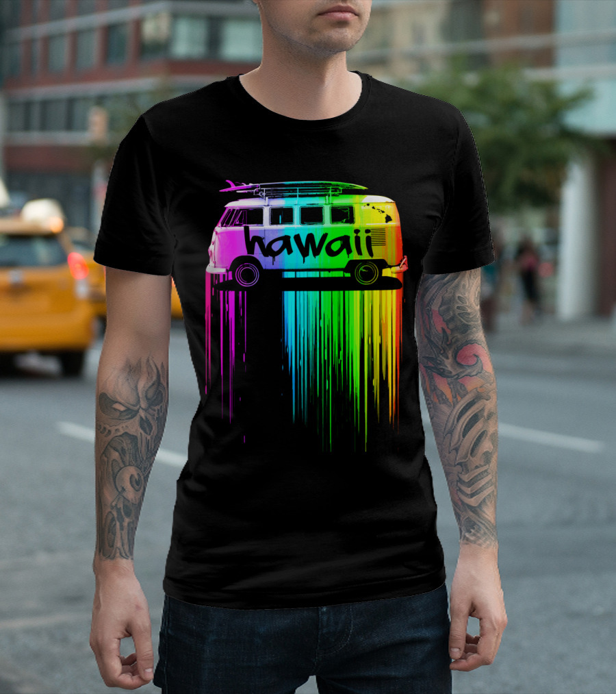 Hawaii Rainbow Van With Surfboards Dripping Colorful Paint T-Shirt