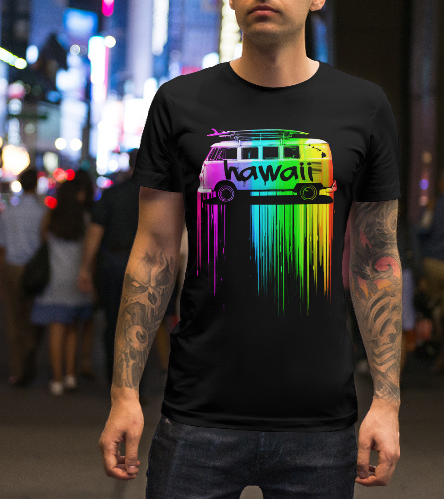 Hawaii Rainbow Van With Surfboards Dripping Colorful Paint T-Shirt
