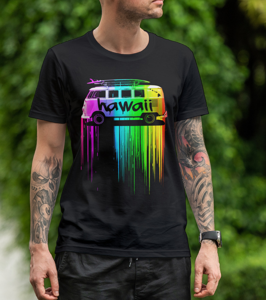 Hawaii Rainbow Van With Surfboards Dripping Colorful Paint T-Shirt