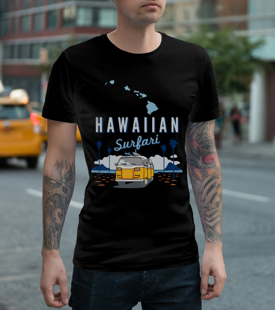 Hawaiian Surfari Van Adventure With Palm Trees And Island Map T-Shirt