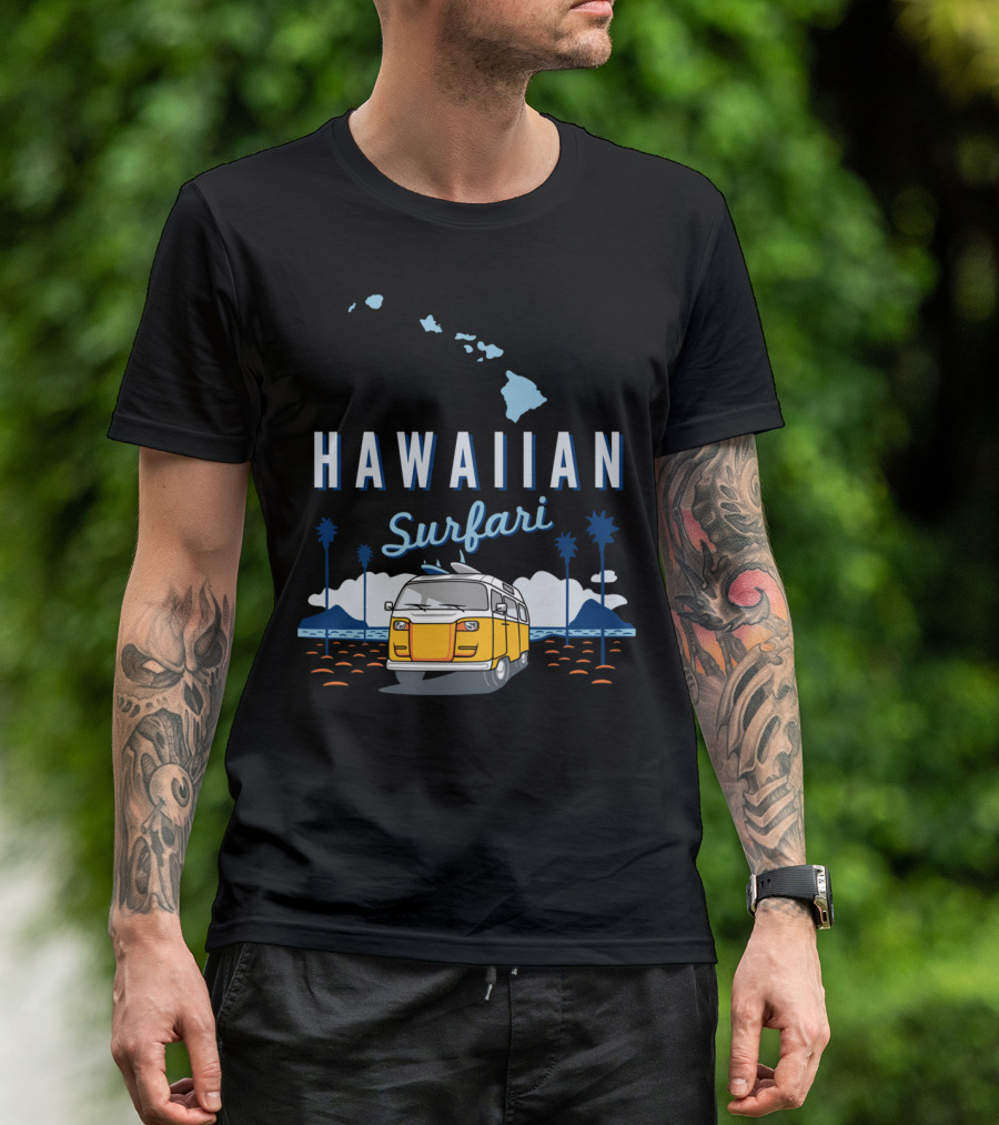 Hawaiian Surfari Van Adventure With Palm Trees And Island Map T-Shirt