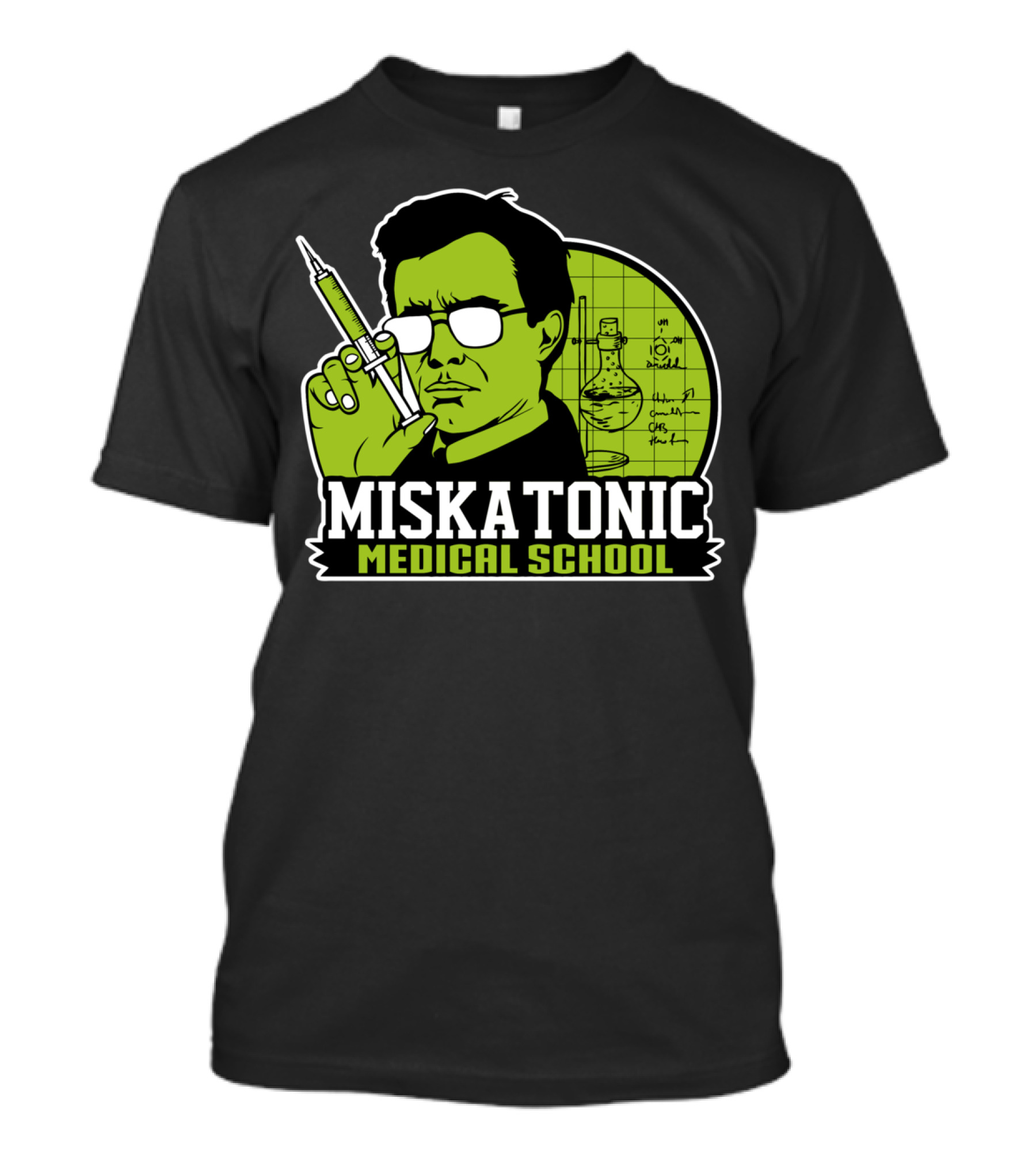 Miskatonic Medical School Scientist With Syringe And Lab Equipment T-Shirt