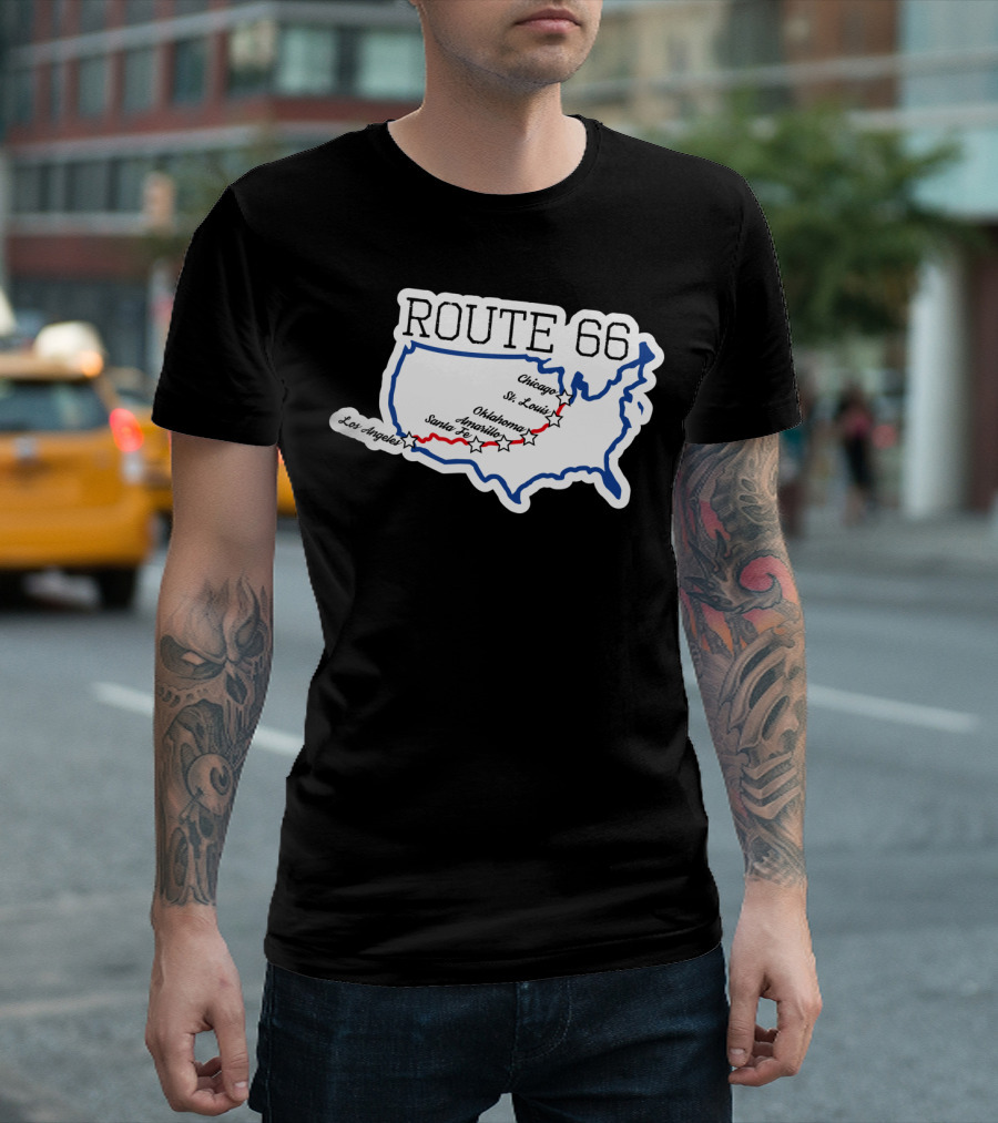 Route 66 Map with Chicago St. Louis Oklahoma Santa Fe Los Angeles T-Shirt