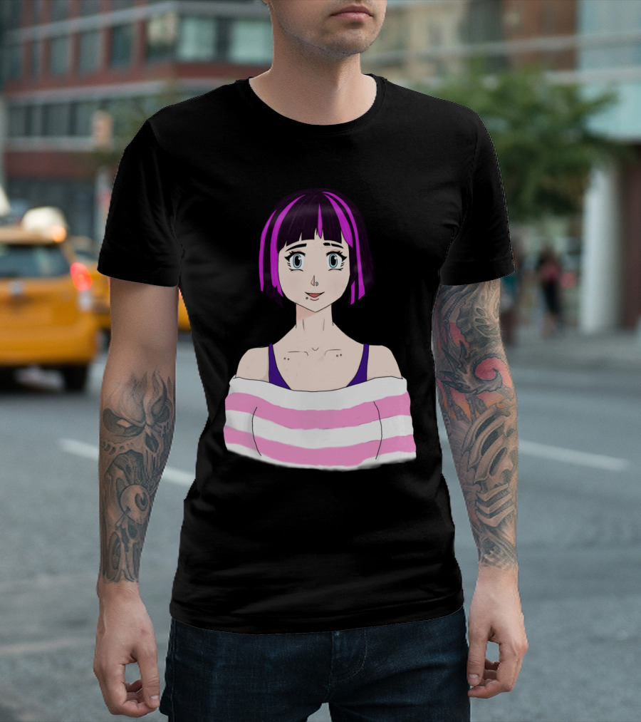 Josei By MaxF Pink Purple Hairstyle Anime Girl Off-the-Shoulder Top T-Shirt