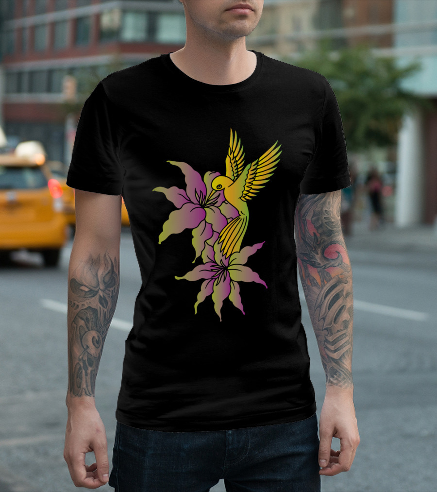 Vintage Loving Bird With Rainbow Hummingbird And Colorful Flowers T-Shirt